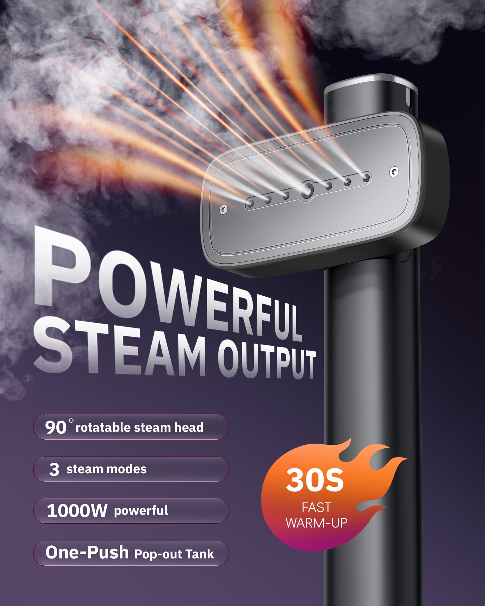 OGHom steamer with rotatable 90-degree head for easy fabric access.