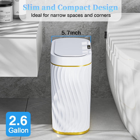 Ogikey 2.6 gallon compact bin fits narrow bathrooms and desks.