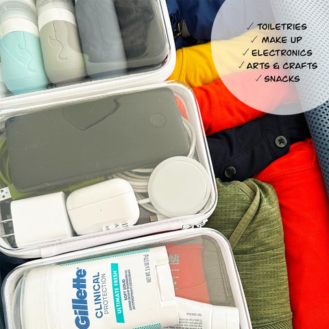 Ohana Home art and craft storage keeps supplies organized in clear, flat bins.