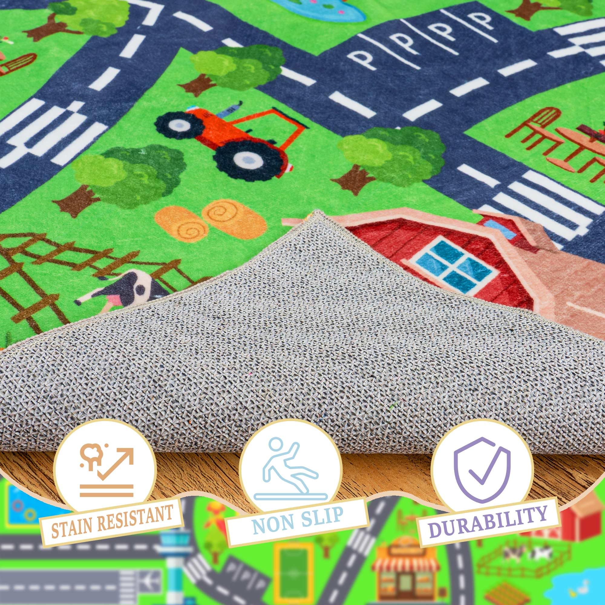 OHDS Anti-slip dots keep the rug steady during active play.