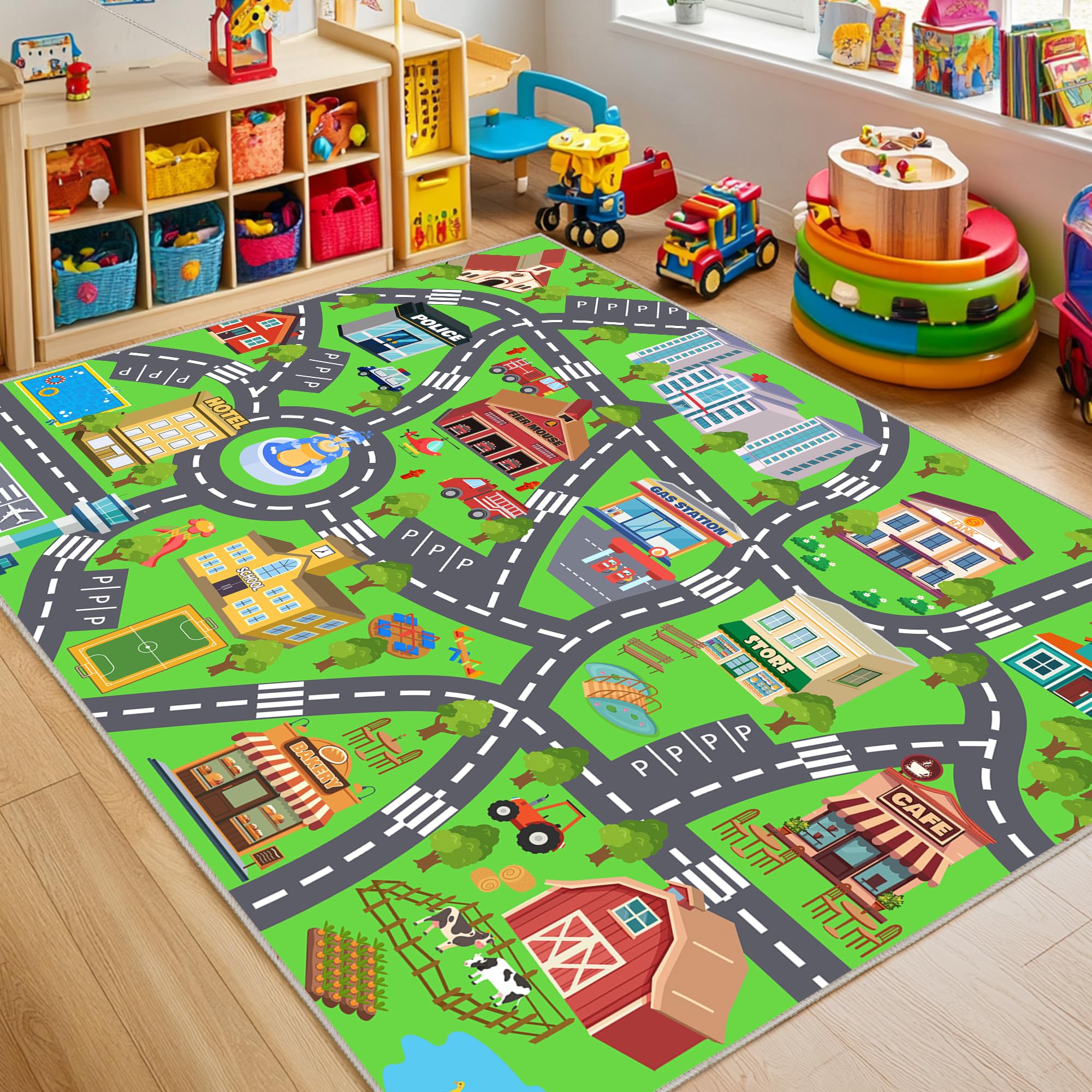 OHDS Town Car Rug City Map Playmat provides a soft surface for imaginative play.