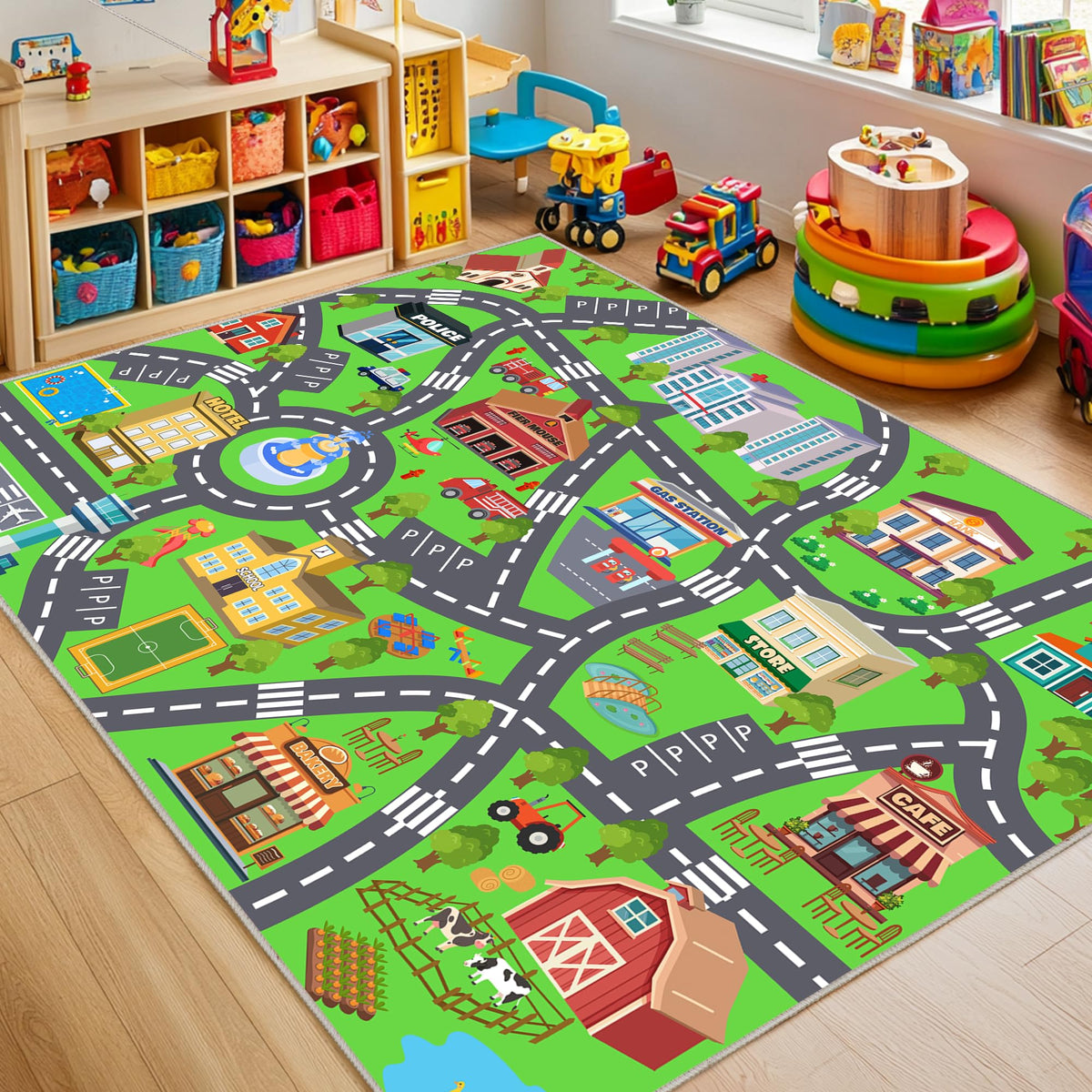 OHDS Town Car Rug City Map Playmat provides a soft surface for imaginative play.
