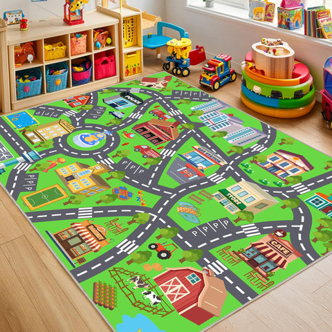 OHDS Town Car Rug City Map Playmat provides a soft surface for imaginative play.