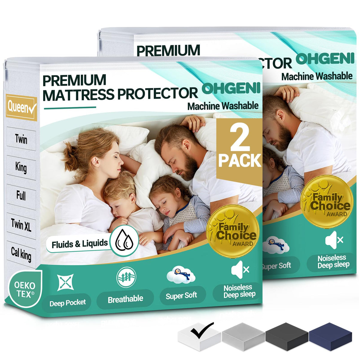 OhGeni 2-pack queen mattress protector waterproof layer protects against spills.