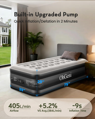 OhGeni twin air bed supports up to 300 lbs for versatile nightly use.