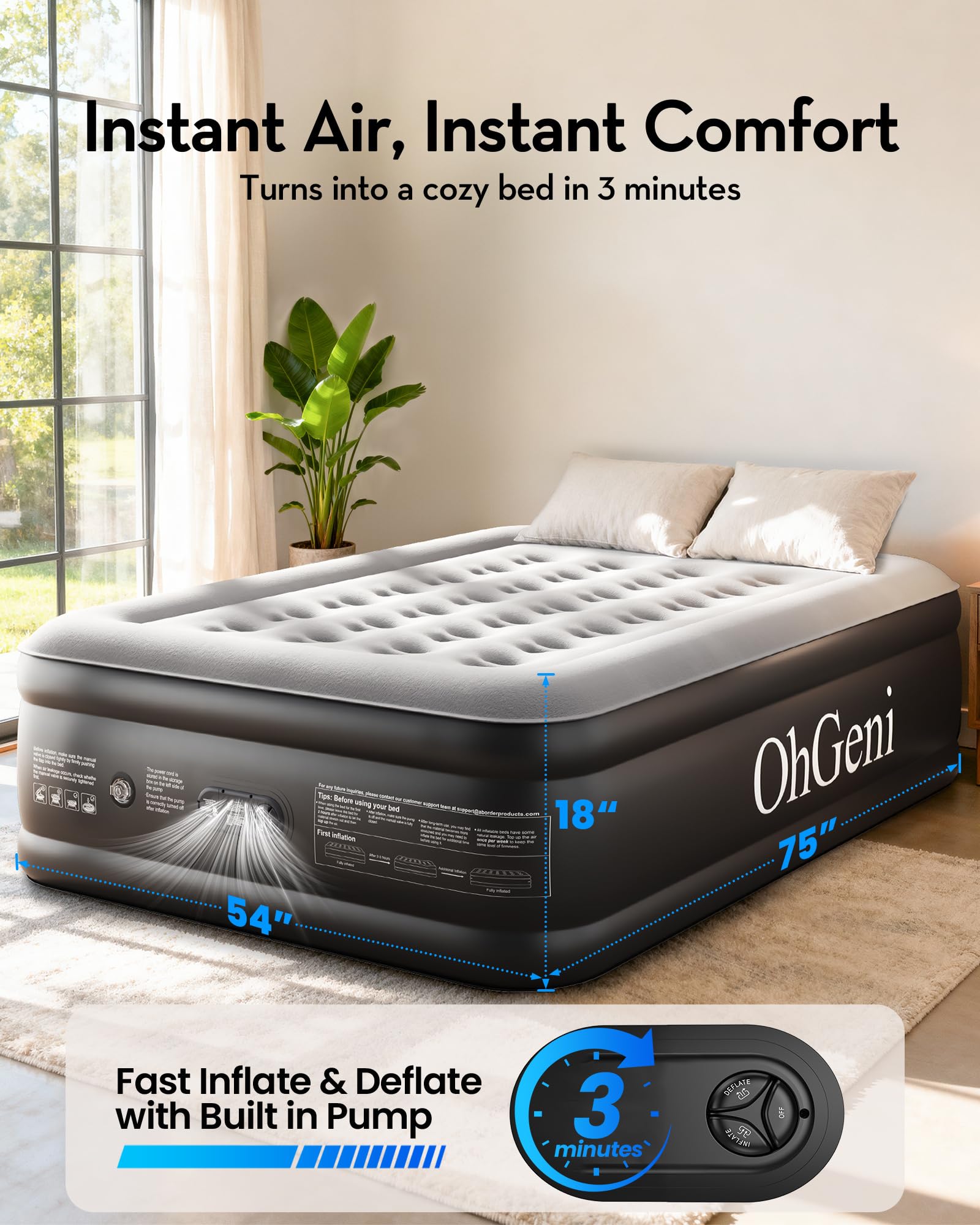 OhGeni Air Mattress Full showing built-in 110V pump