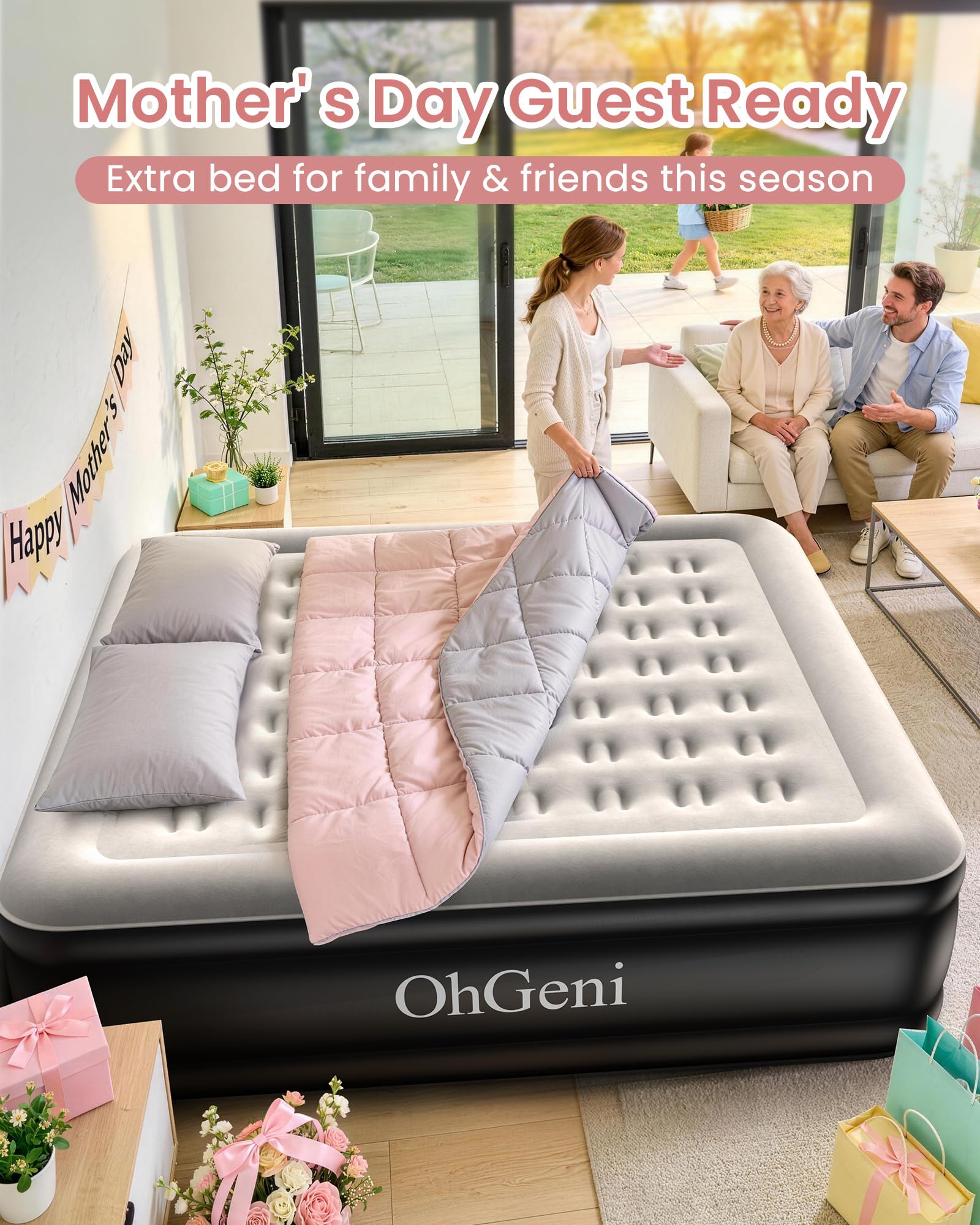OhGeni inflatable guest bed set up in a living room.