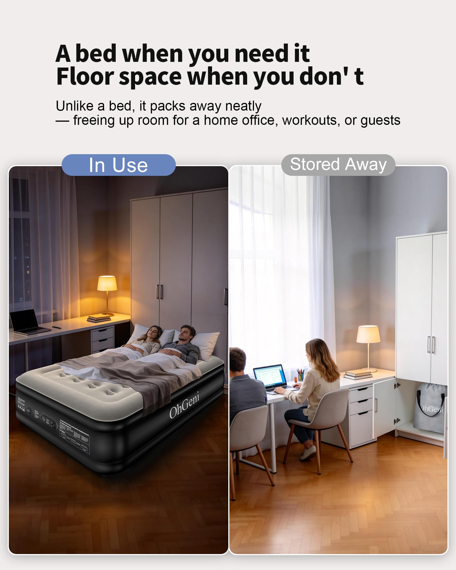 OhGeni air mattress set up for guests in small spaces