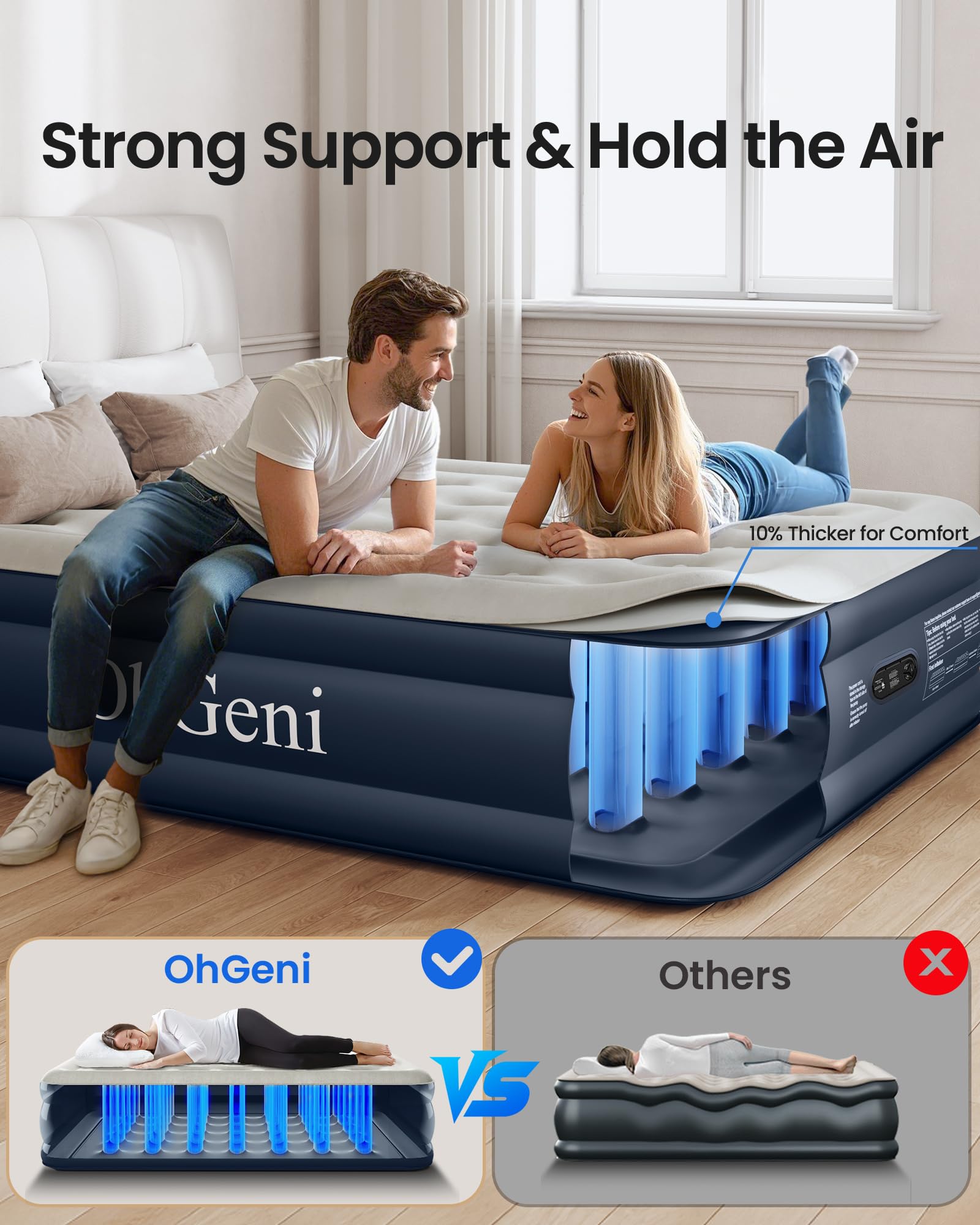 OhGeni air mattress queen uses thicker PVC for durable, long-lasting support.