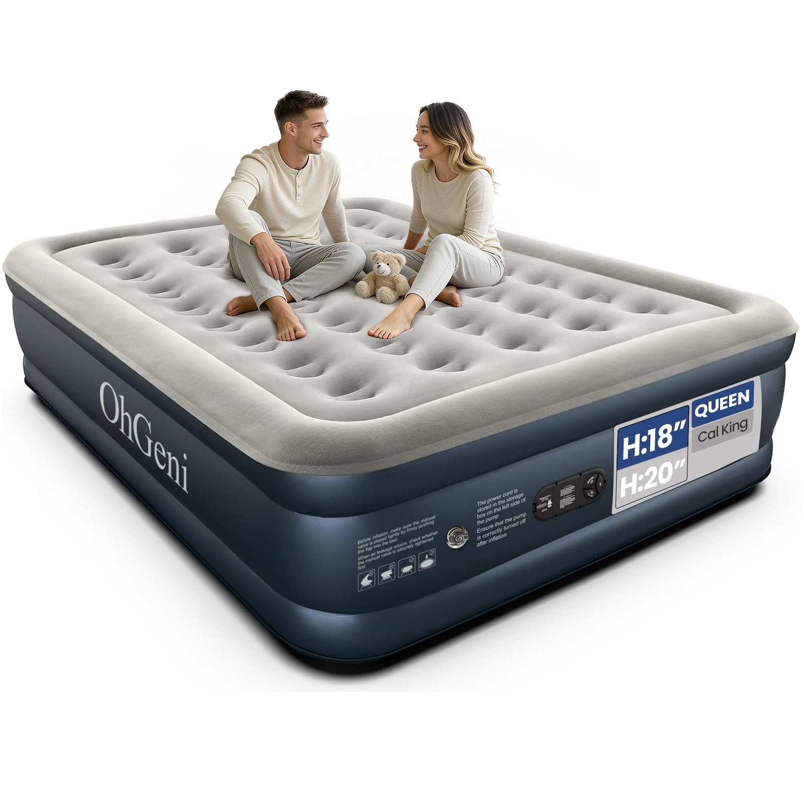 OhGeni air mattress queen with built-in pump for quick setup and adjustable firmness.
