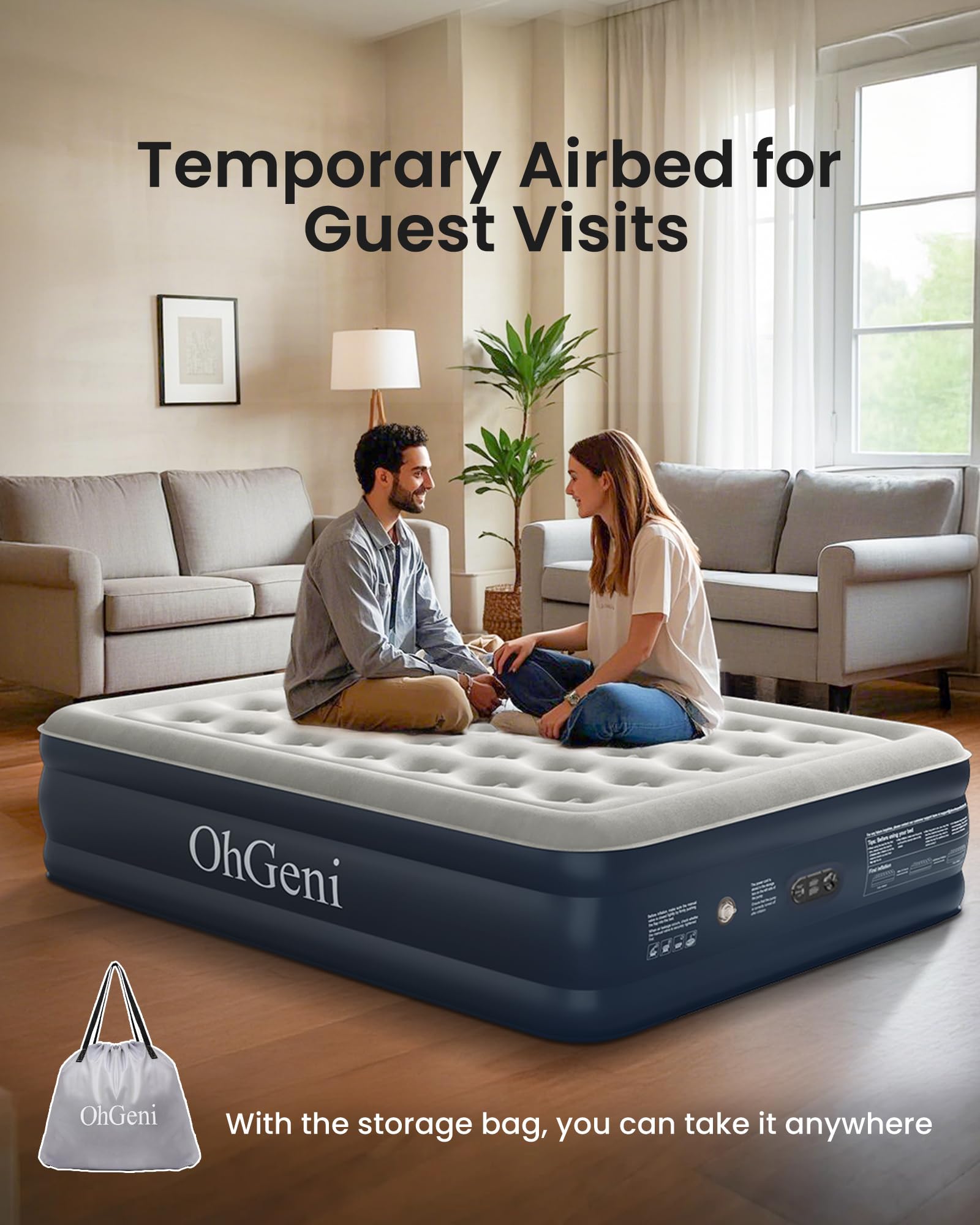OhGeni air mattress queen deflates quickly into compact storage in the bag.