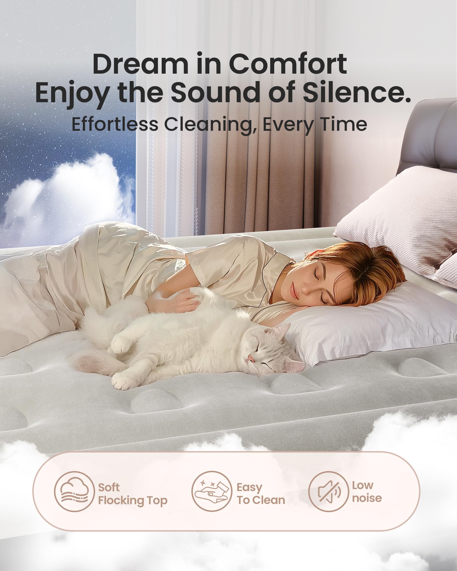 OhGeni air mattress queen in a guest room setup offering space-saving comfort.