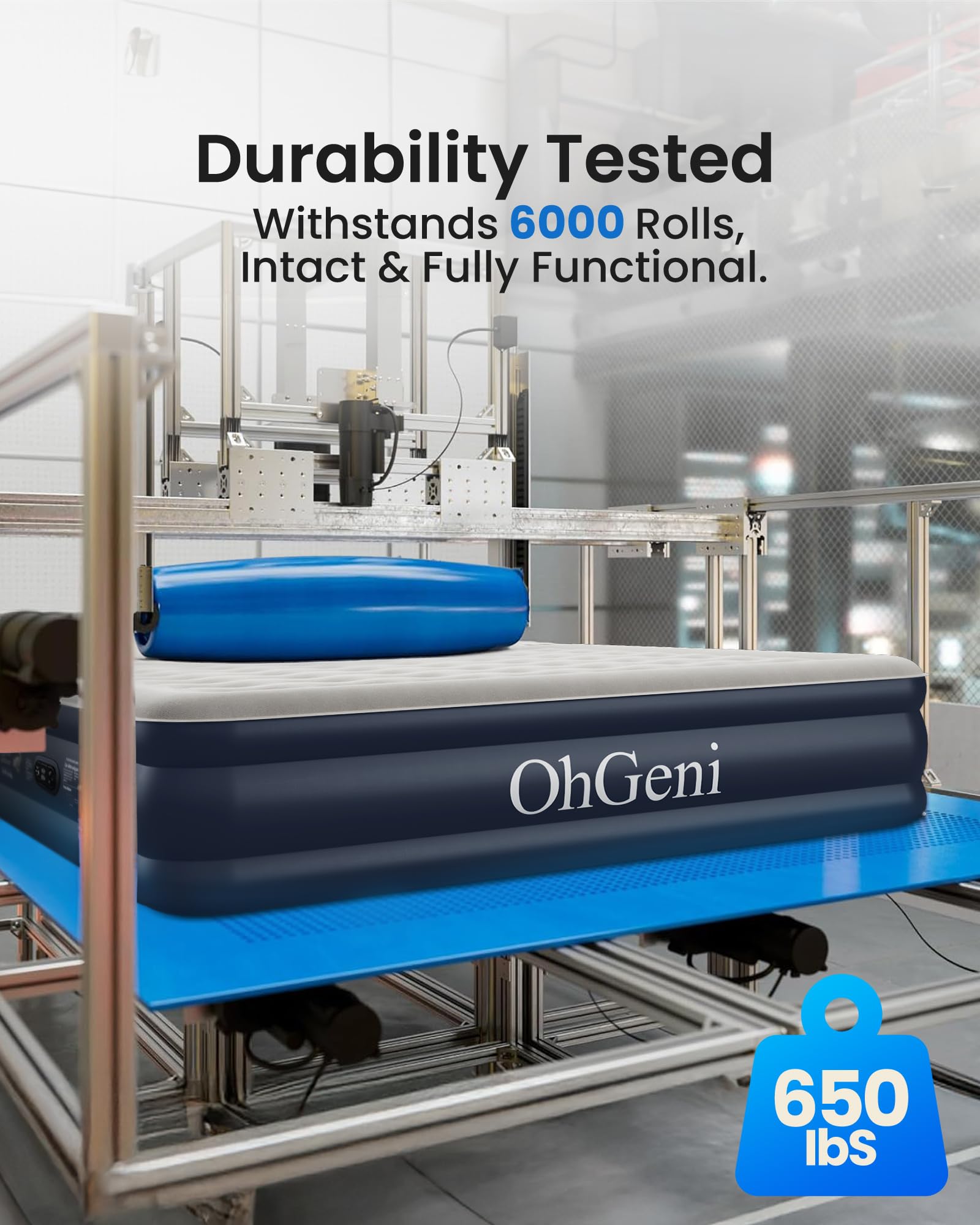 OhGeni air mattress queen supports up to 650 lbs for stable sleep surface.