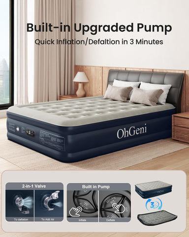 OhGeni air mattress queen with rapid inflation for easy camping or travel readiness.