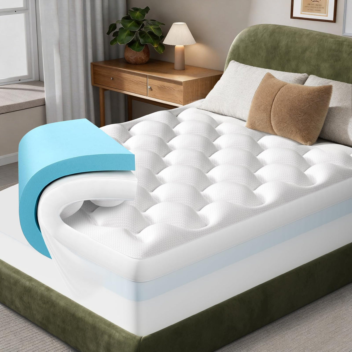 OhGeni cooling topper full-size side view shows bed-ready comfort and airflow