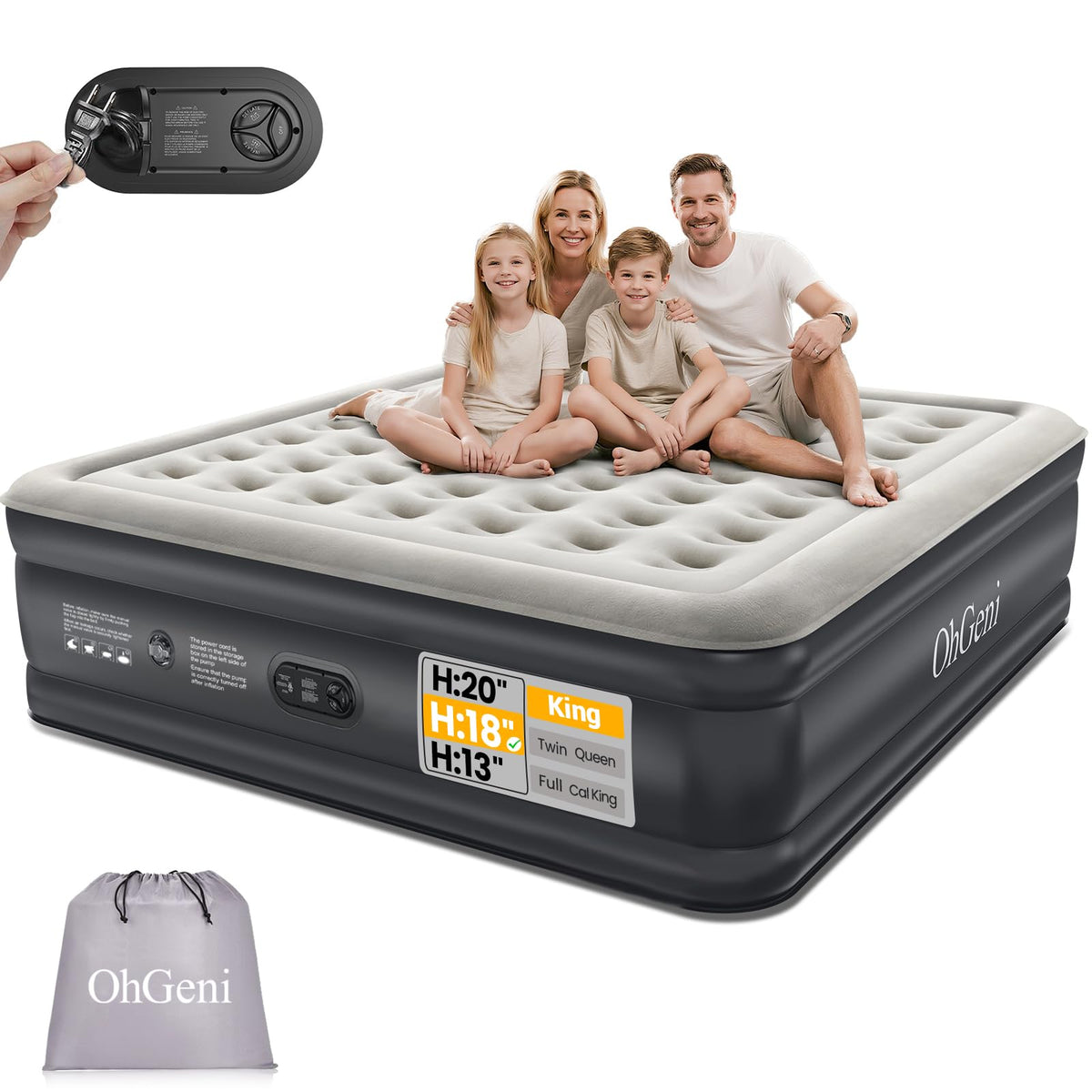OhGeni King-Size Air Mattress with built-in pump for quick setup and comfort.