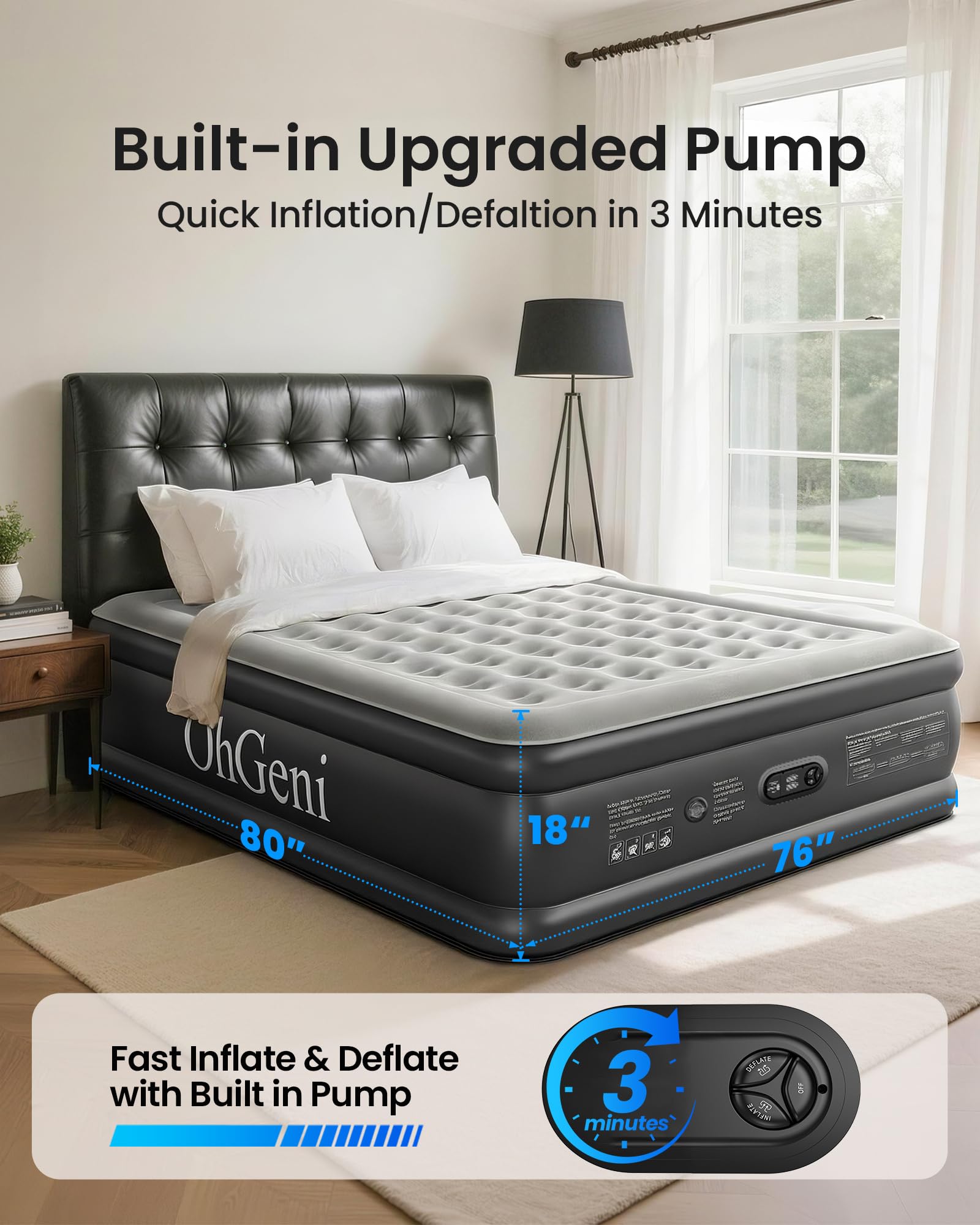 OhGeni mattress deflates and packs into the included carry bag.
