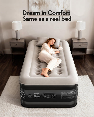 OhGeni portable air bed ideal for travel and home use, space-saving design.