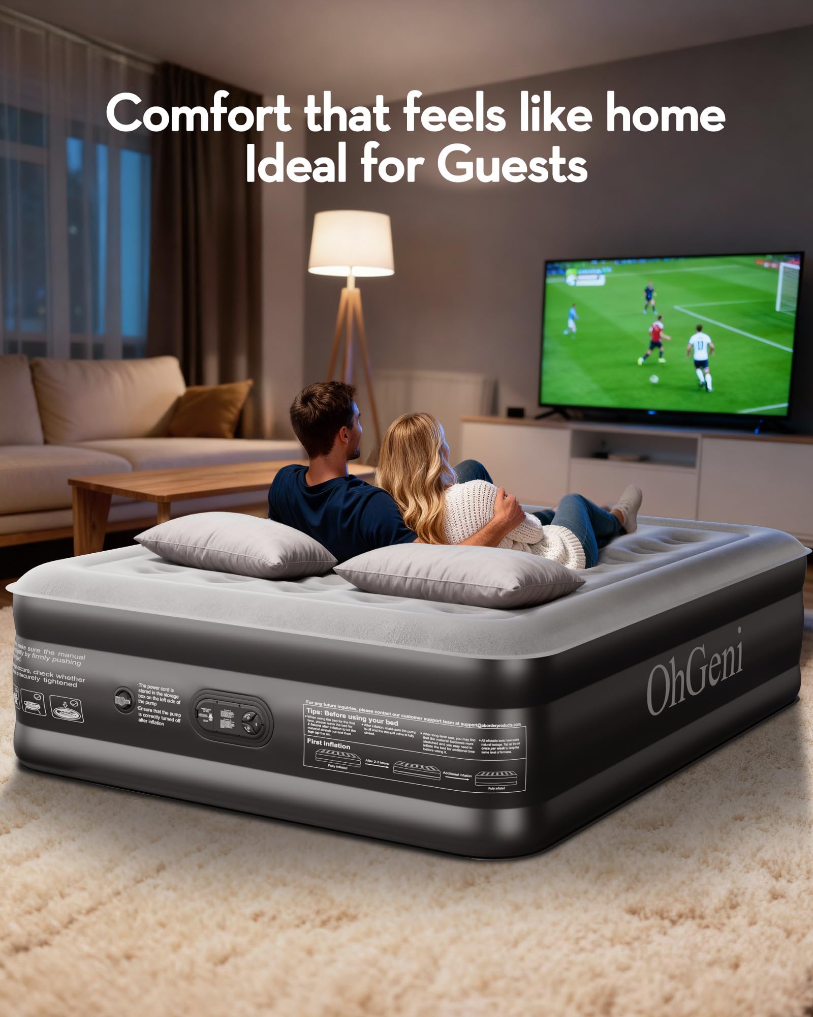 OhGeni queen air mattress supports up to 650 lbs for stable sleep.