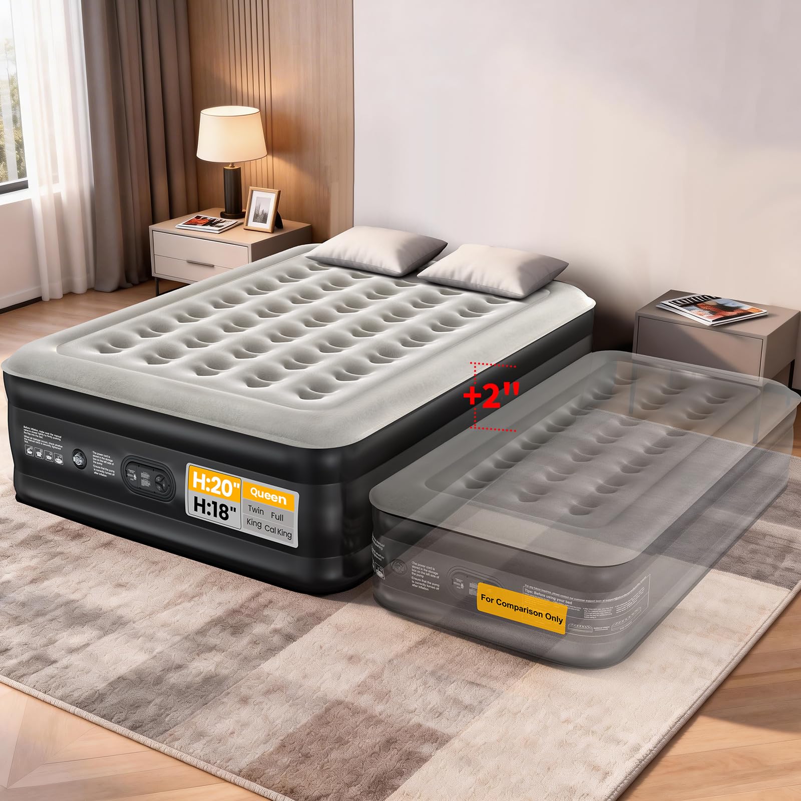 OhGeni queen air mattress with built-in pump for quick setup.
