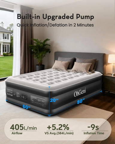 OhGeni queen air mattress uses durable PVC material for lasting support.