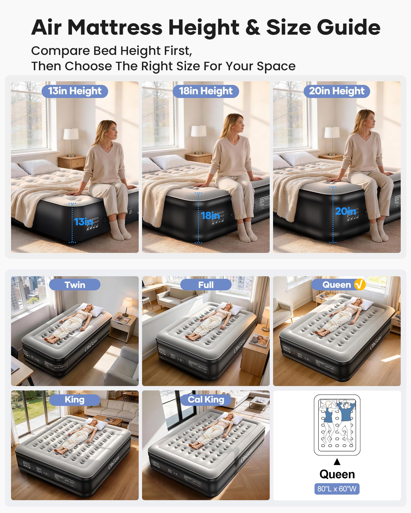 OhGeni queen air mattress raised 20 inches for easy entry and exit.