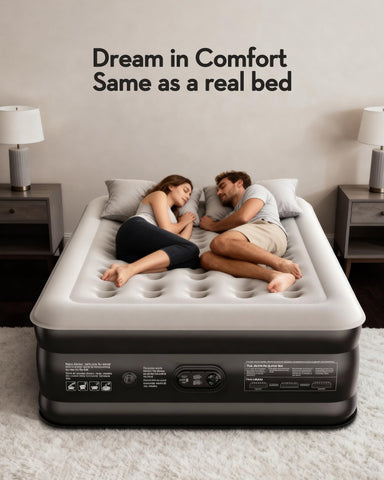 OhGeni queen air mattress full-size surface with 80 by 60 inch dimensions.