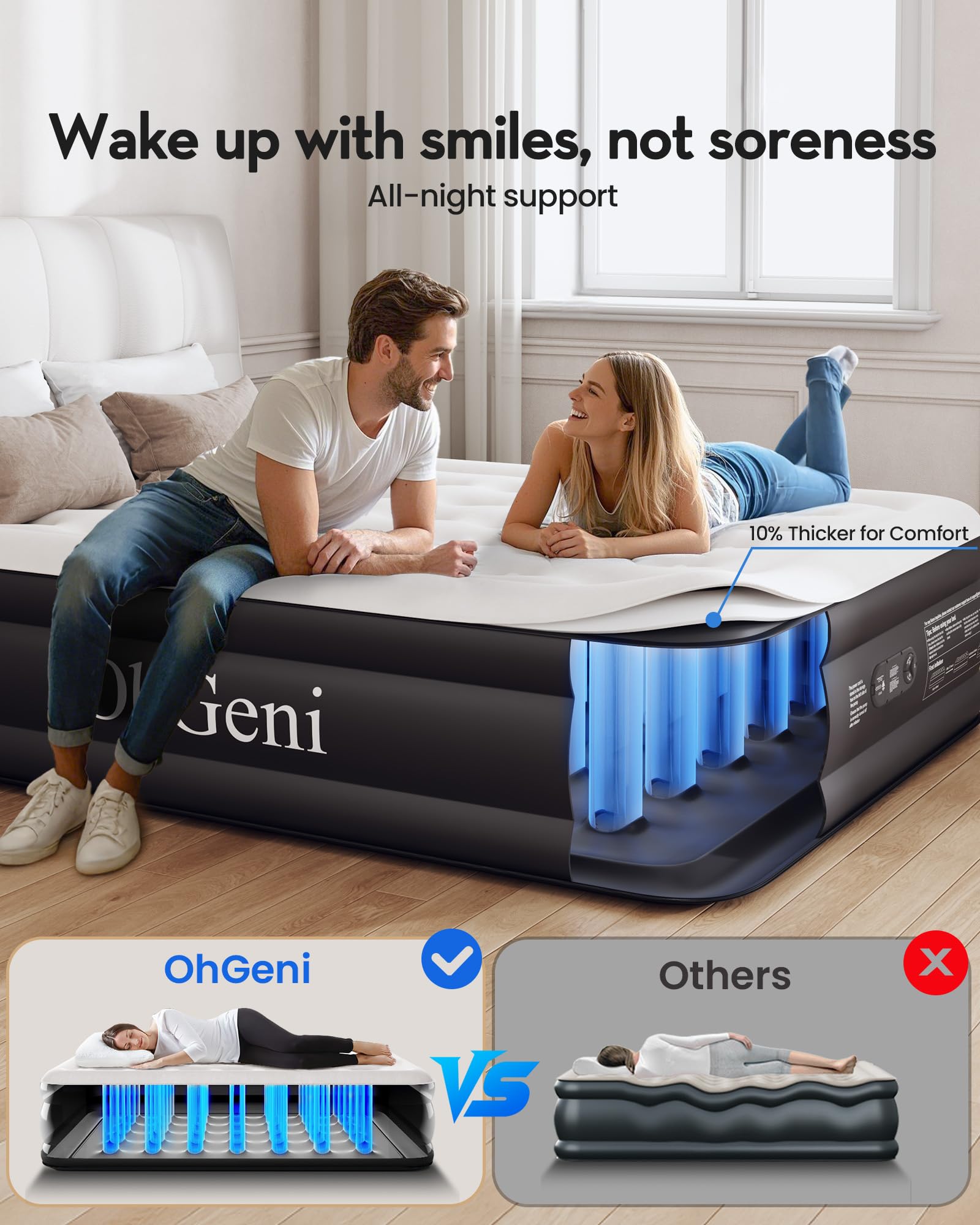 OhGeni Queen Air Mattress supports up to 650 lbs for versatile sleepers