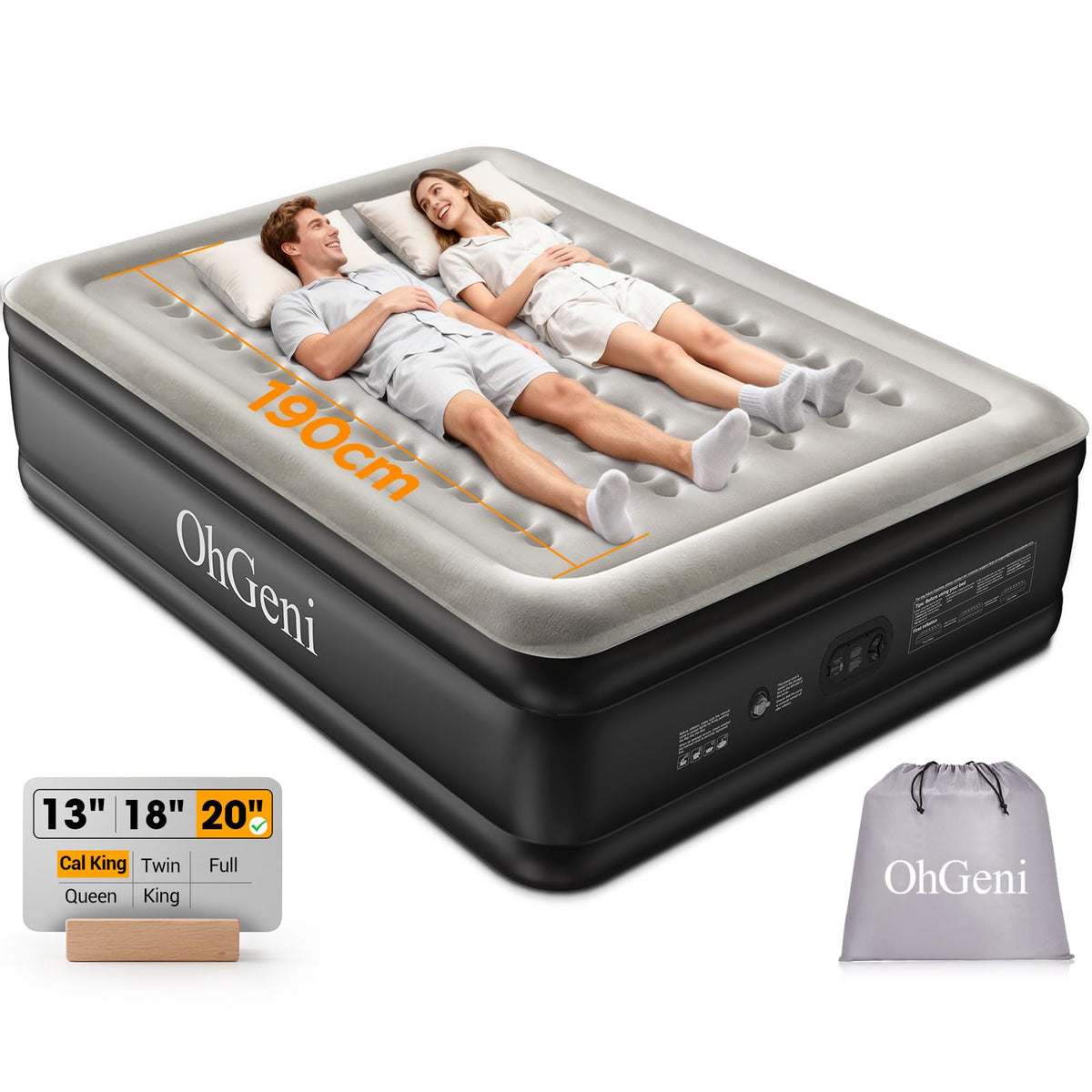 OhGeni raised Cal King air mattress with built-in pump, quick inflating for guests