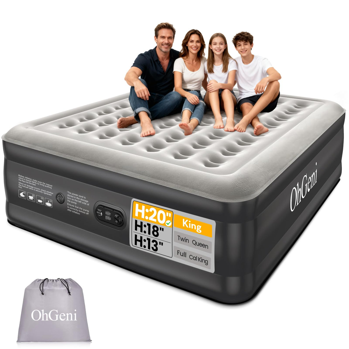 OhGeni raised king air mattress with built-in pump ready for quick setup.