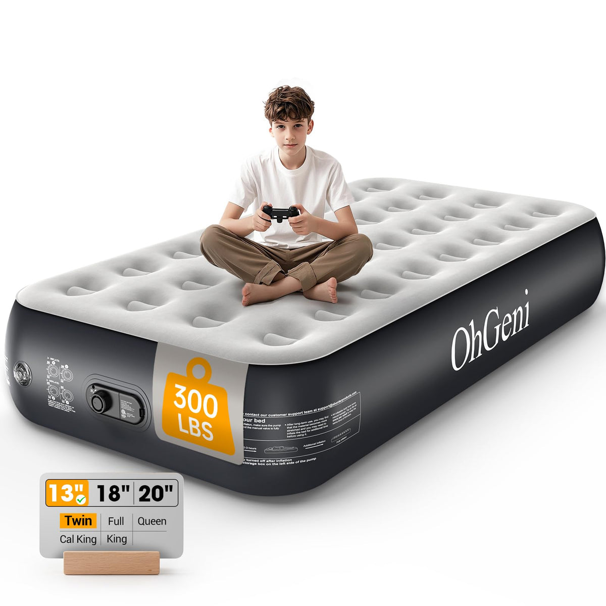 OhGeni Twin Air Mattress with built-in pump for quick inflation