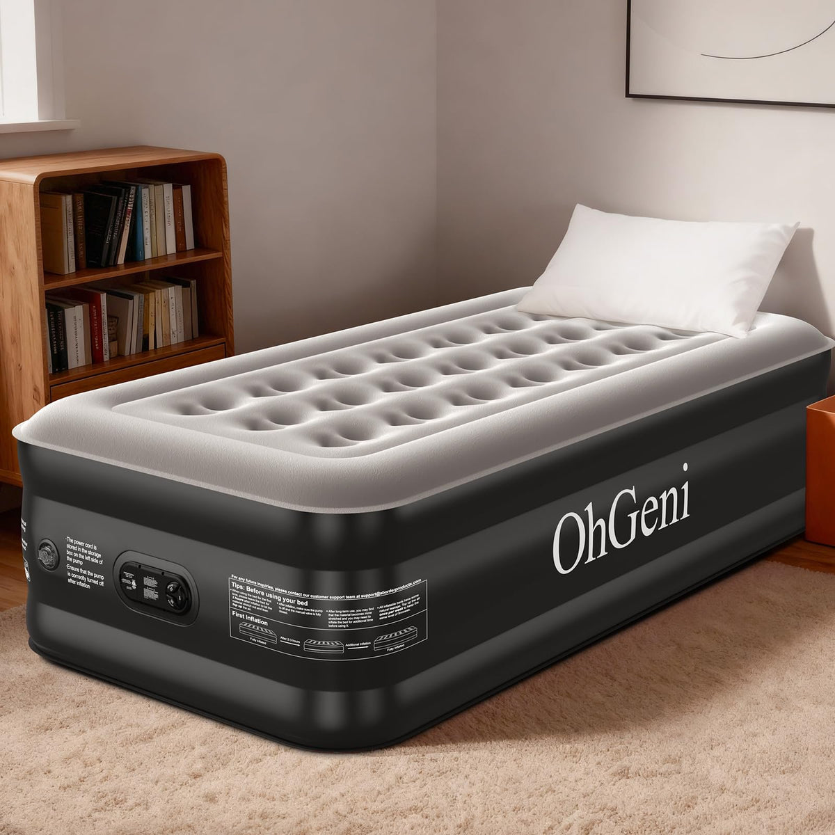 OhGeni twin air mattress with built-in pump offers quick setup for guests.