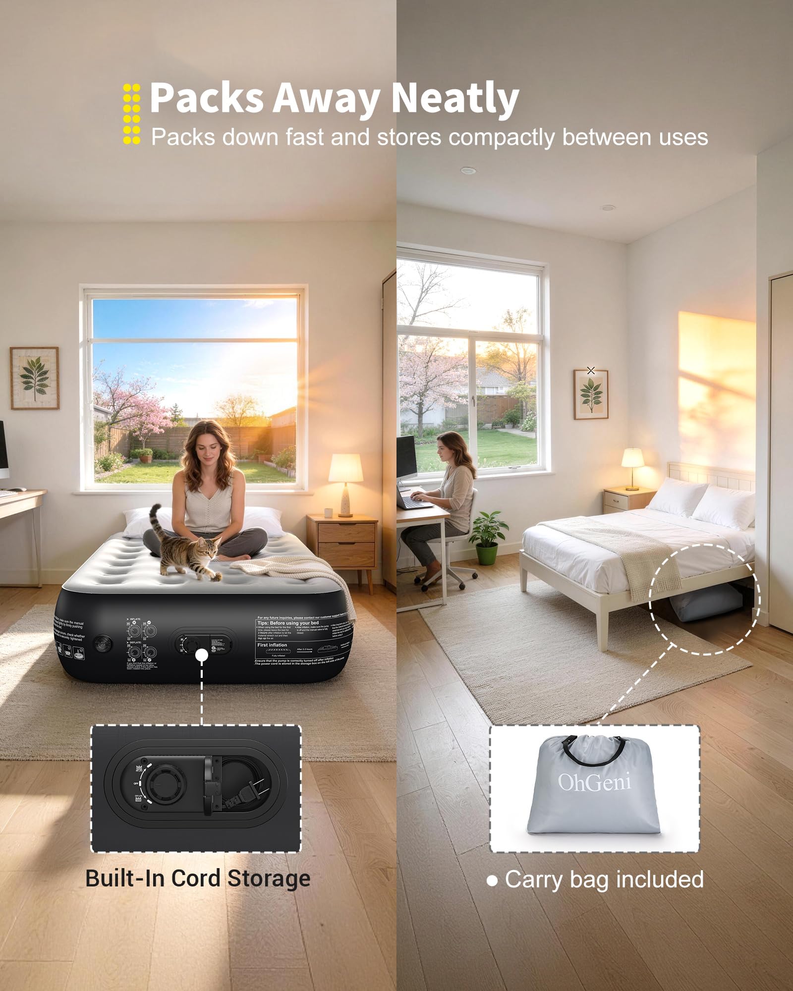 OhGeni Twin Air Mattress includes storage bag for packing