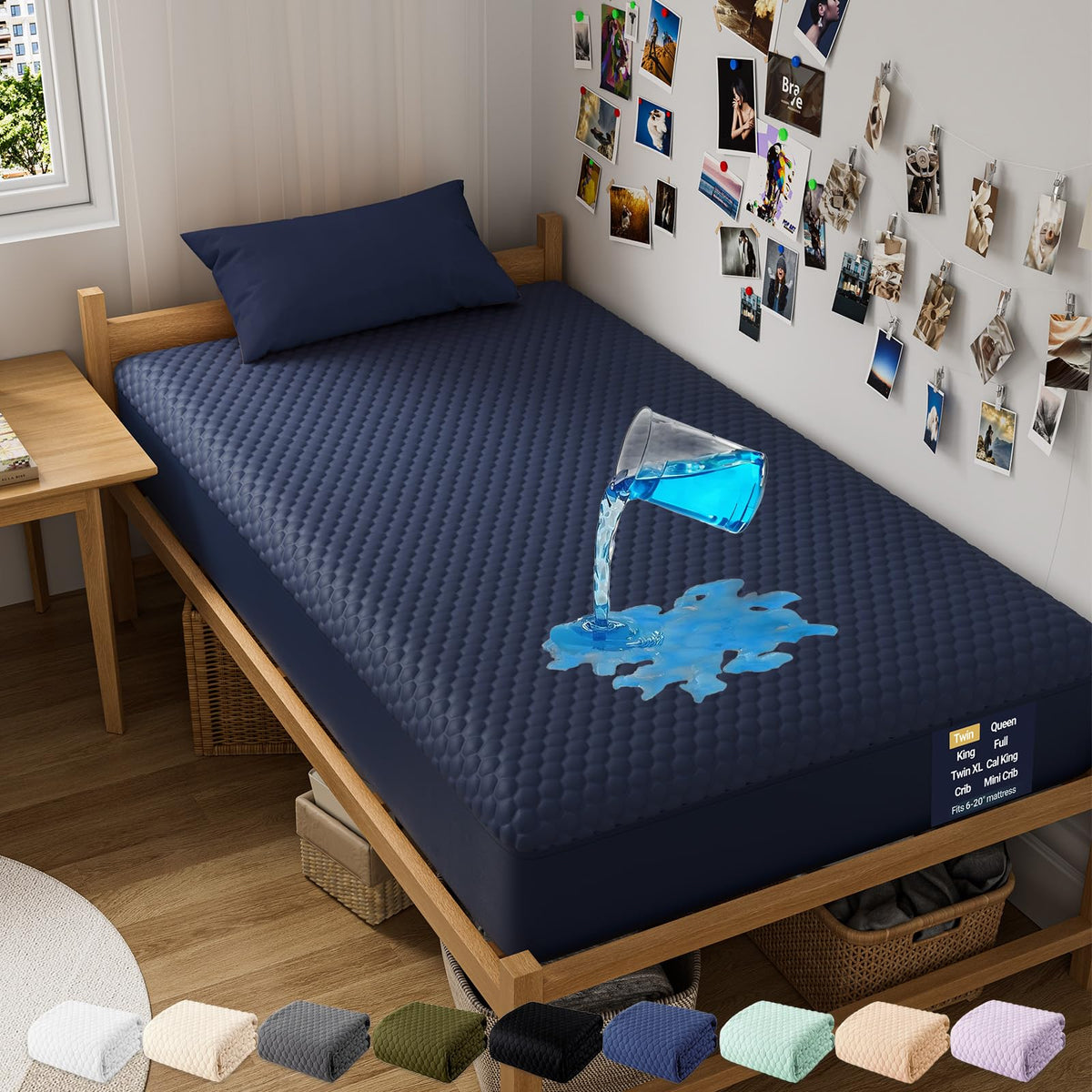 OhGeni twin navy waterproof mattress protector top view keeps spills at bay for peaceful nights.