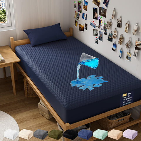 OhGeni twin navy waterproof mattress protector top view keeps spills at bay for peaceful nights.