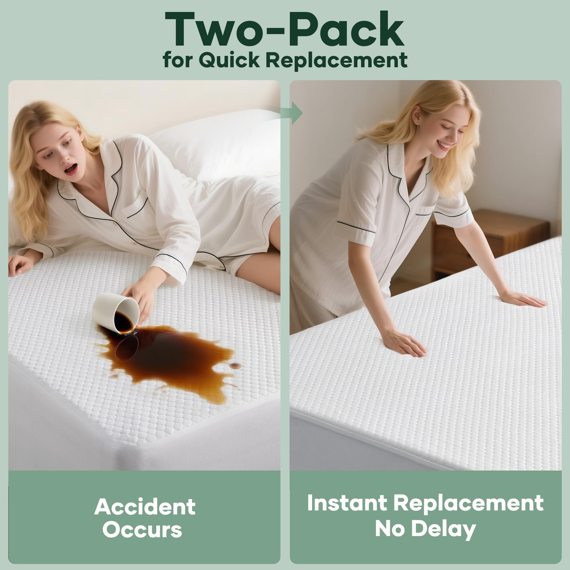 OhGeni waterproof mattress protector on bed, full coverage with secure fit.