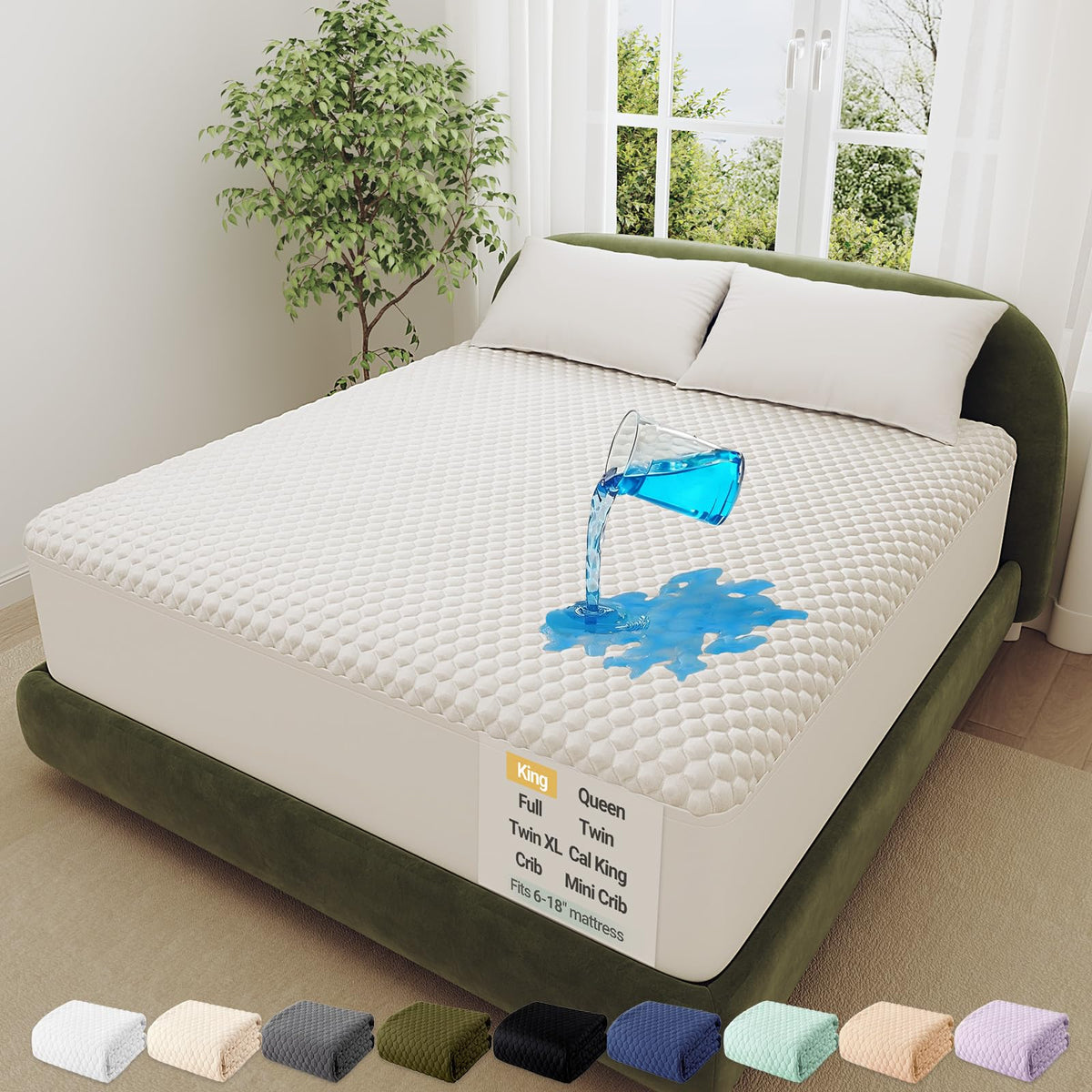 OhGeni waterproof mattress protector for king size beds; keeps surface dry and protected.