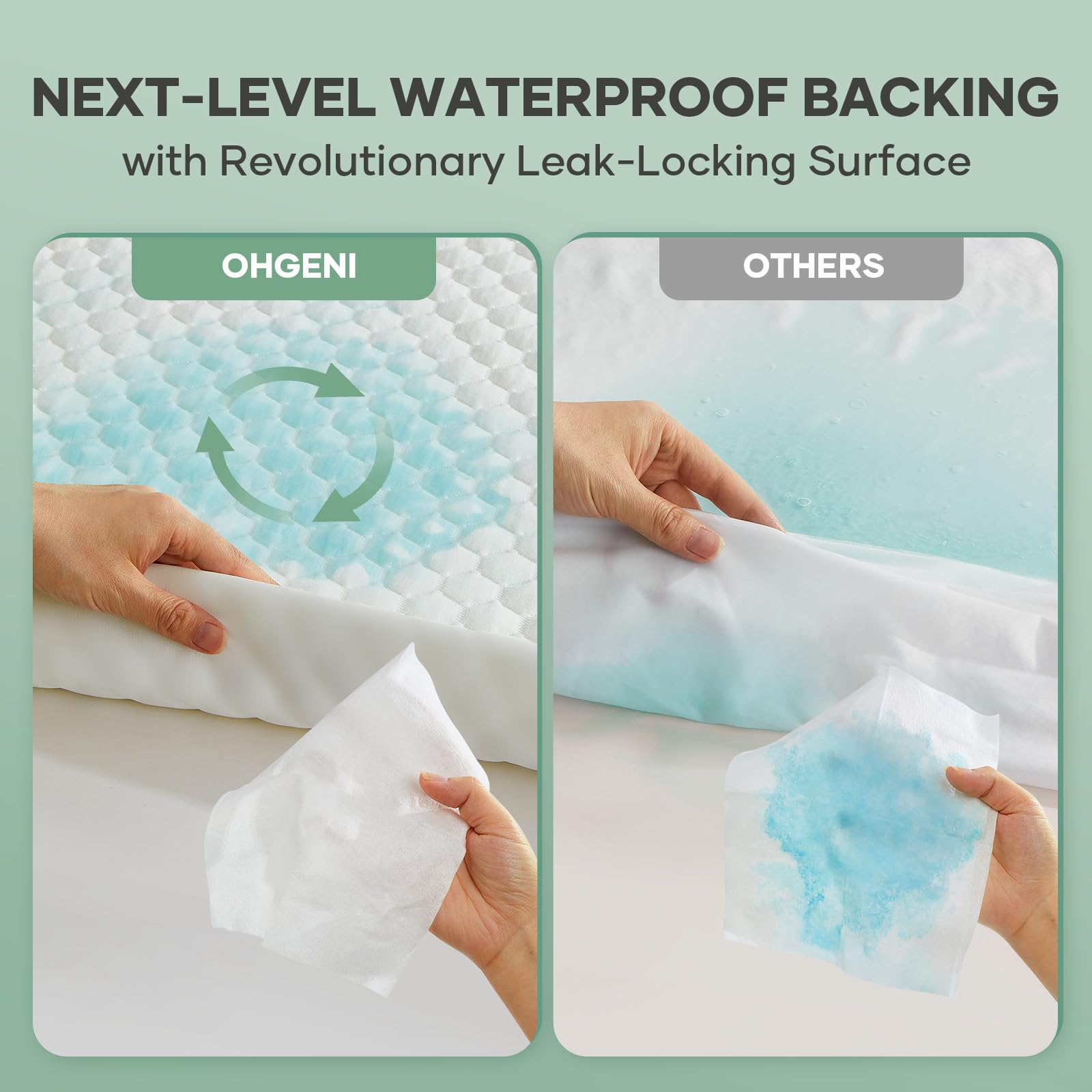 OhGeni waterproof shield top layer blocks spills while staying soft to the touch.