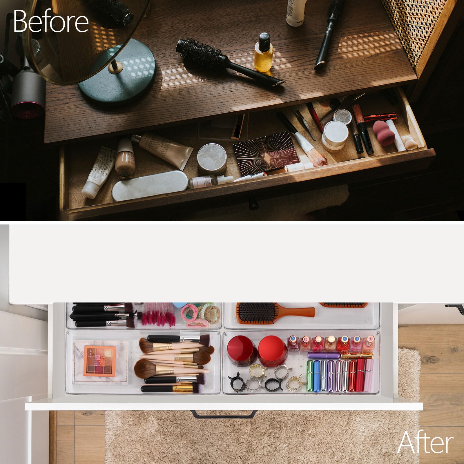 Ohlove clear drawer organizer side view shows compact storage for utensils.