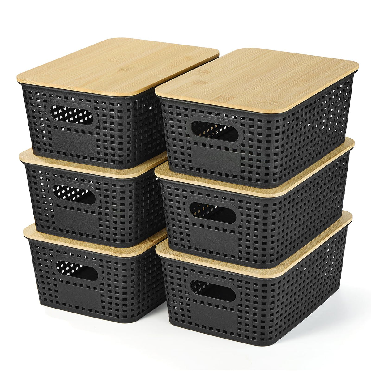 Ohmlove baskets with bamboo lid front view for stylish organization on shelves