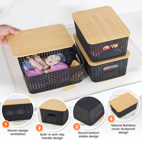 Ohmlove baskets stacked on a shelf illustrating space-saving design