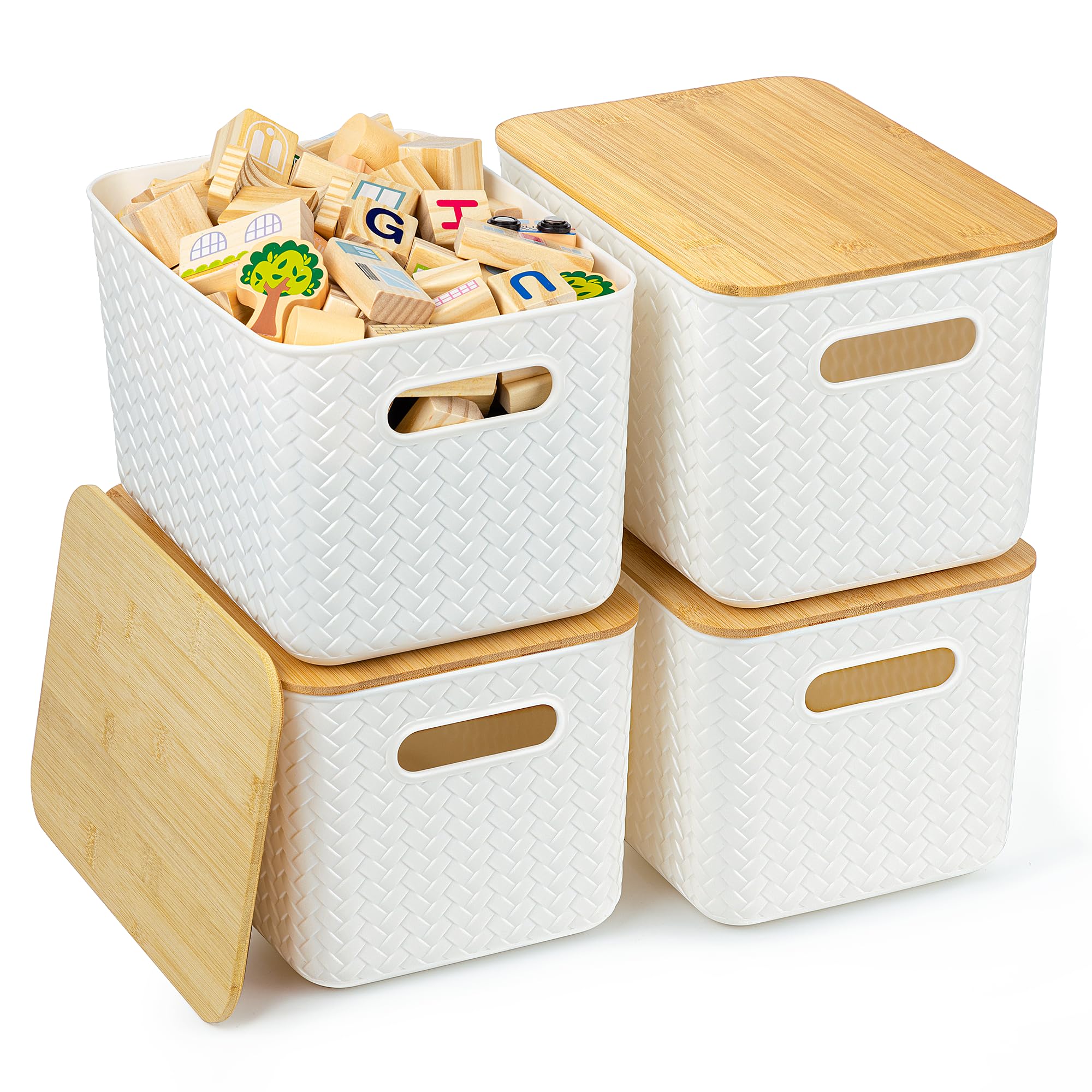 Ohmlove four-pack storage bin with bamboo lid provides tidy, stackable organization on a shelf.