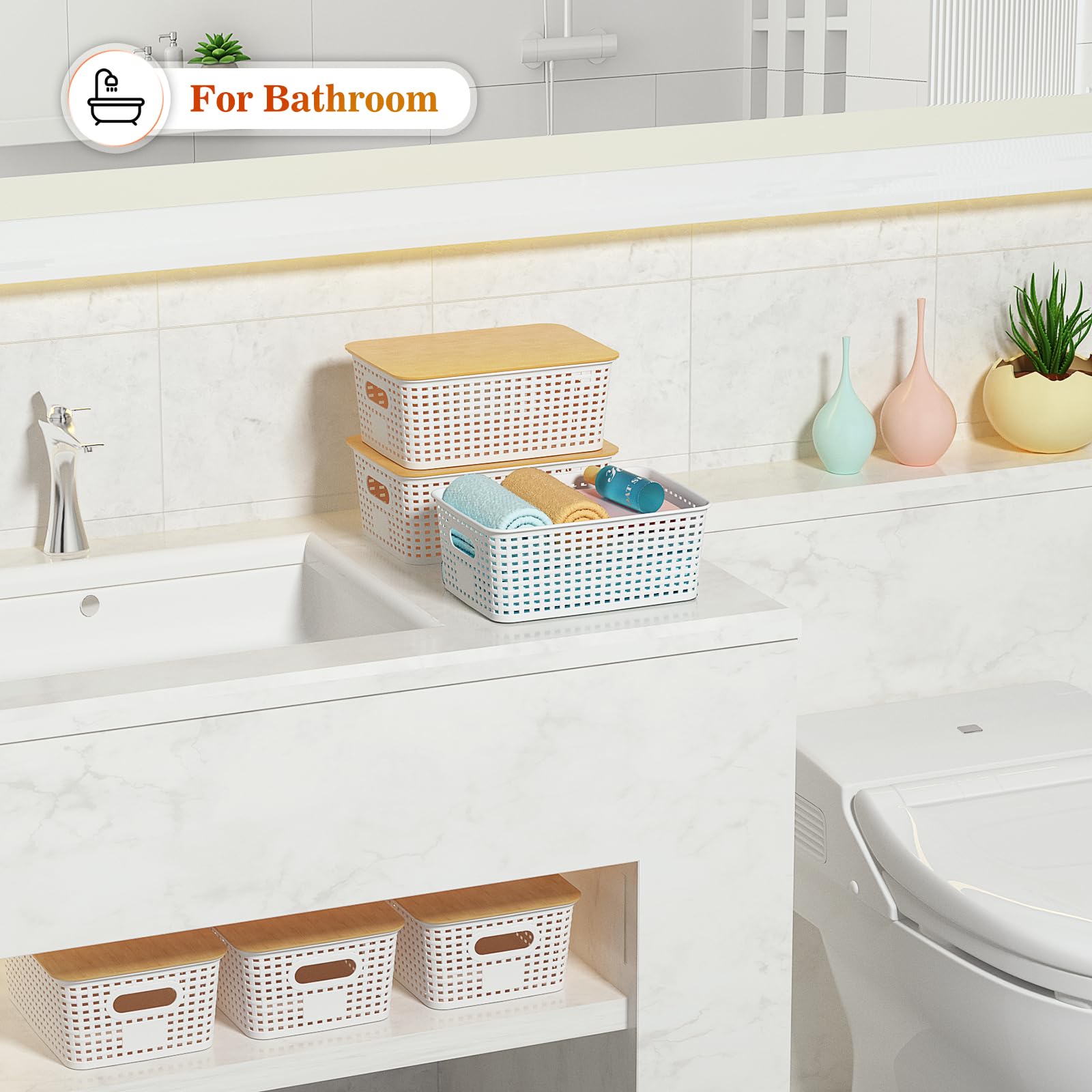 Ohmlove natural bamboo lid basket enhances kitchen storage.