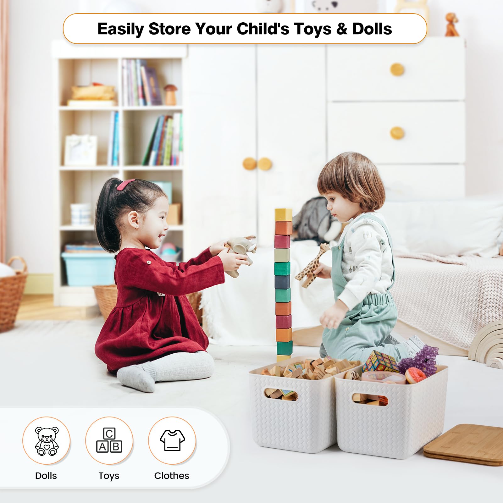 Ohmlove playroom bin stacks neatly beside toys for easy cleanup.