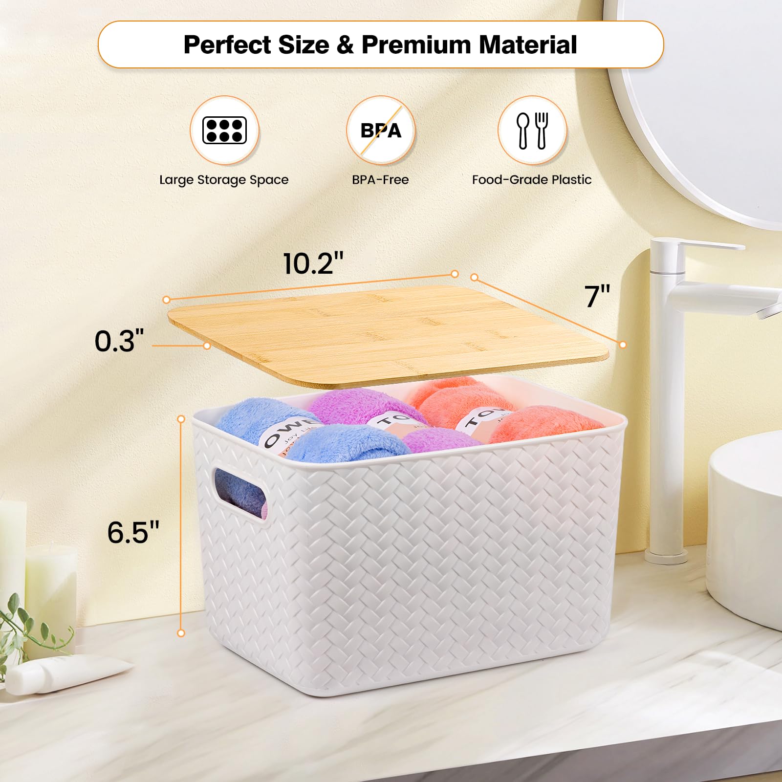 Ohmlove stackable plastic container shows off woven design and a natural bamboo lid.