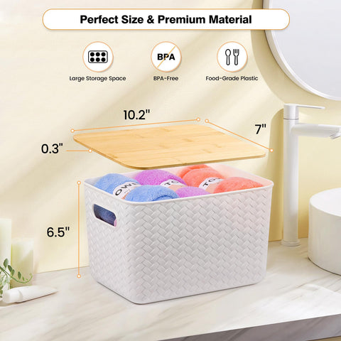 Ohmlove stackable plastic container shows off woven design and a natural bamboo lid.