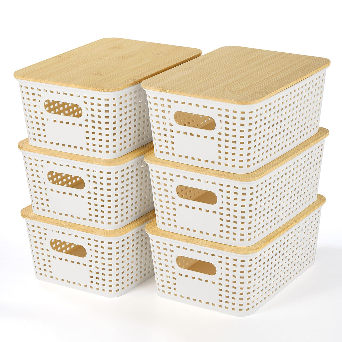 Ohmlove storage basket with bamboo lid on shelf for closet organization.