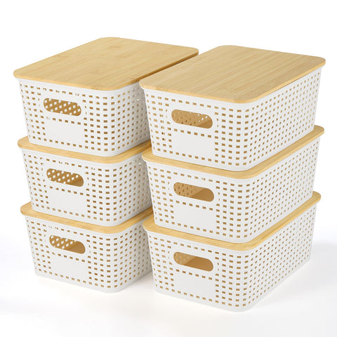 Ohmlove storage basket with bamboo lid on shelf for closet organization.