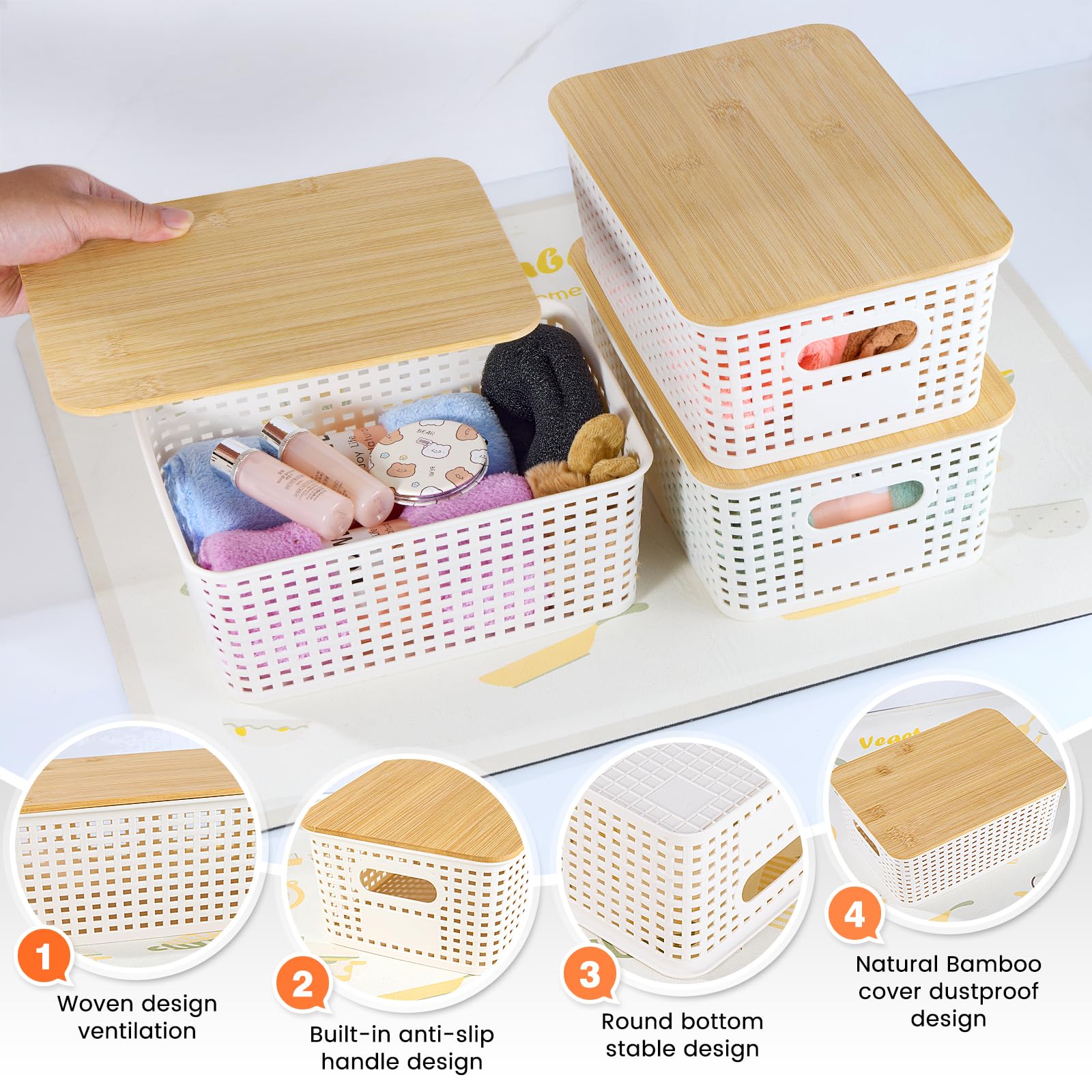 Ohmlove storage basket with portable handle for easy shelf removal.