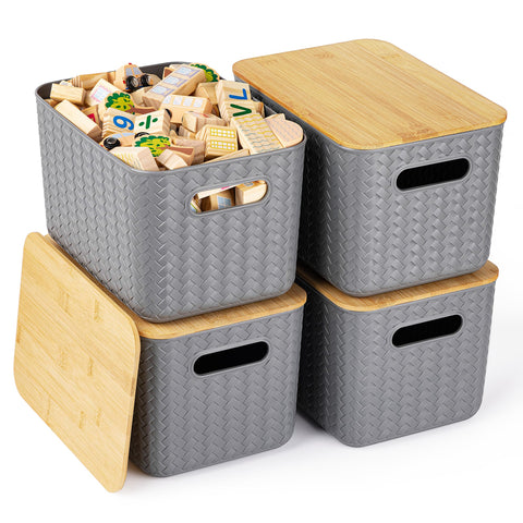 Ohmlove storage bin with bamboo lid demonstrates stackable design for maximizing shelf space.